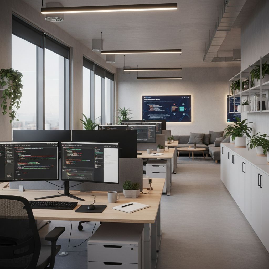 Moderno espacio de desarrollo web con múltiples monitores y código React