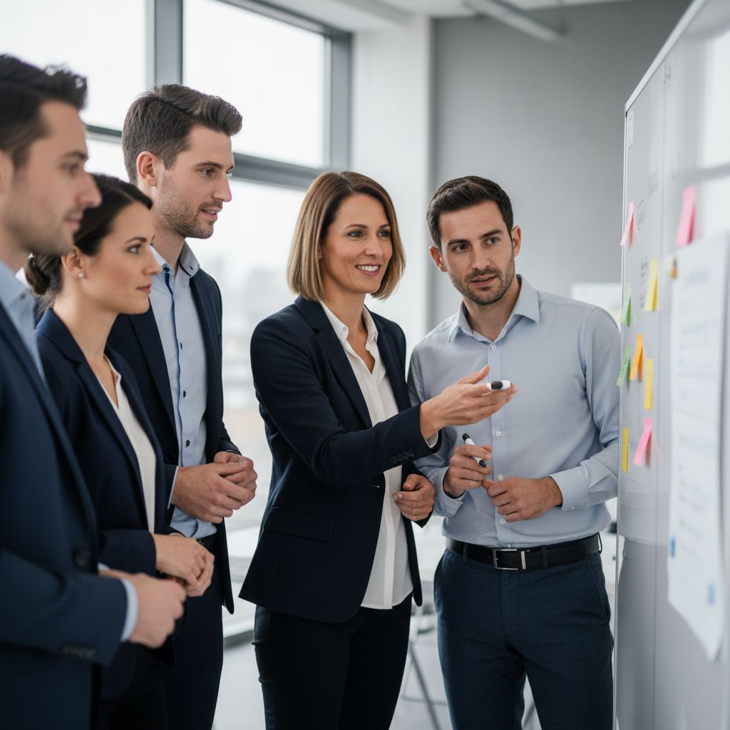 Equipo en reunión ágil de scrum planificando sprint